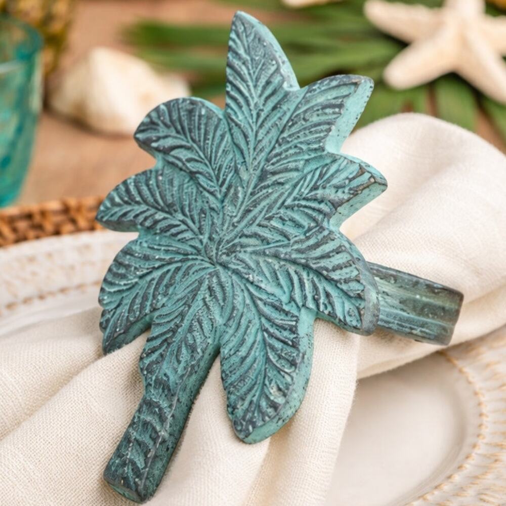 Tropical Aqua Blue Palm Tree Napkin Rings Set of 6 Rustic Metal Coastal Decor